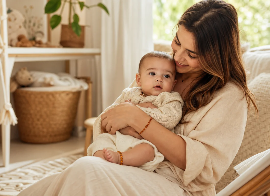 Mãe segurando bebê com tornozeleira e pulseira de âmbar