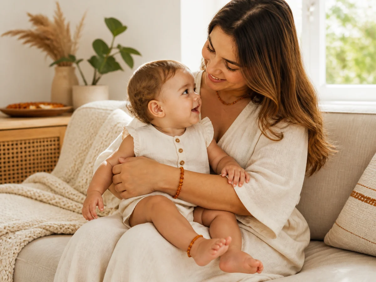 Mãe e bebê usando colar e pulseira de âmbar báltico
