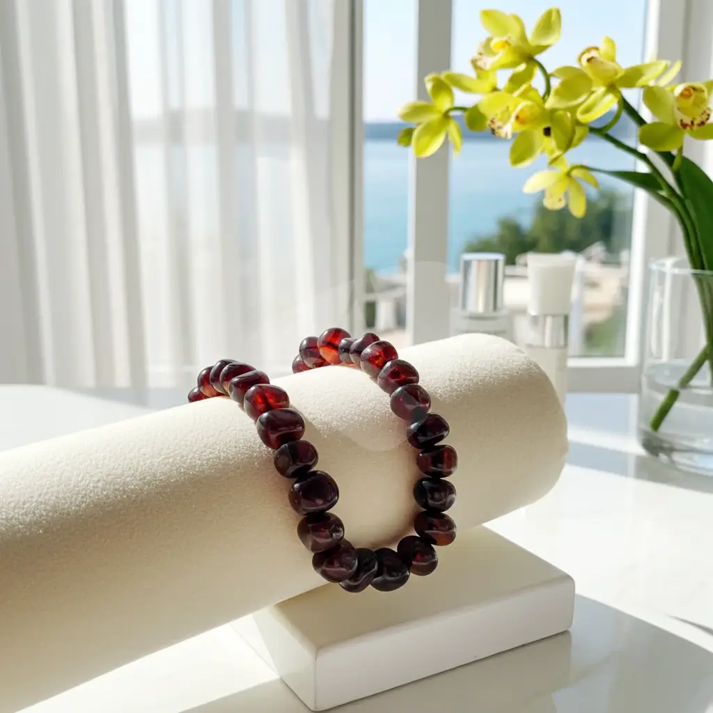 Pulseira de âmbar adulto barroco cherry polido sem fecho - Âmbar Báltico Original