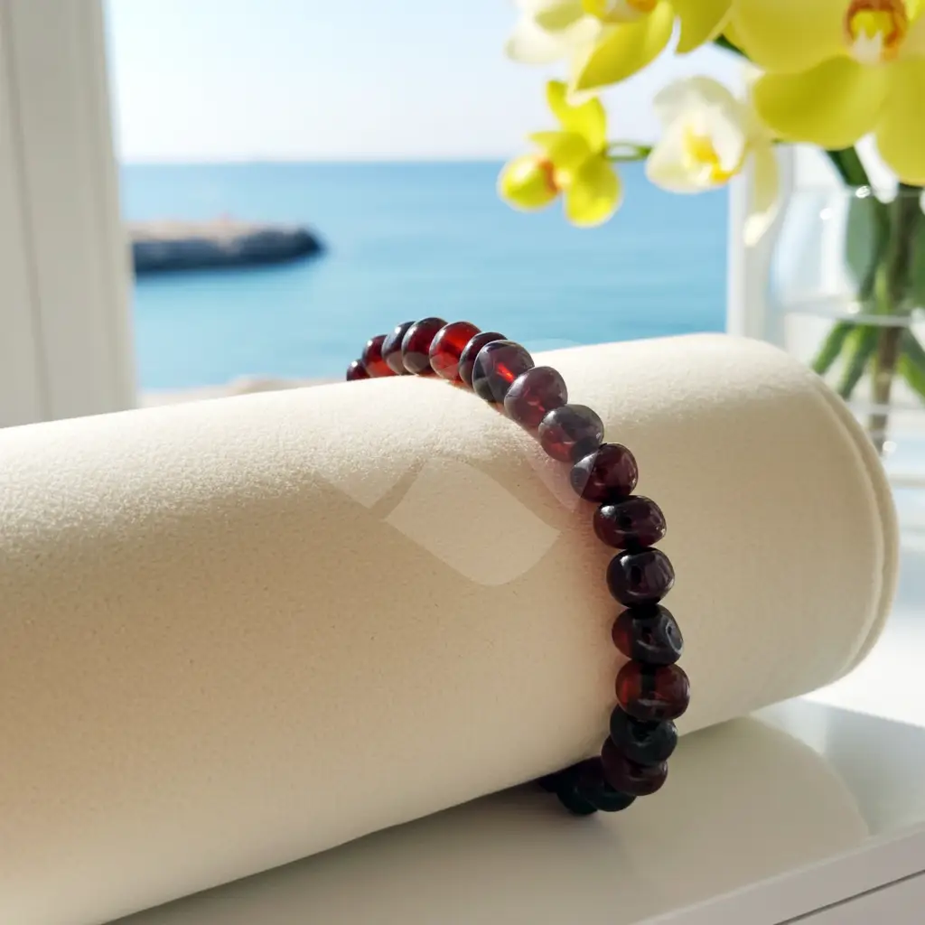 Pulseira de âmbar adulto barroco cherry polido sem fecho - Âmbar Báltico Original