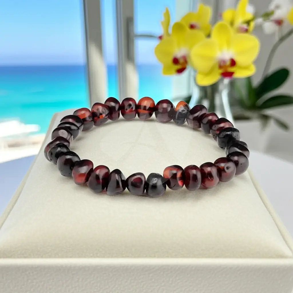 Pulseira de âmbar adulto barroco cherry polido sem fecho - Âmbar Báltico Original