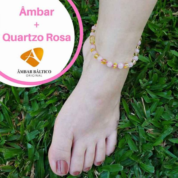 Tornozeleira de âmbar adulto barroco limão polido e quartzo rosa - Imagem 3