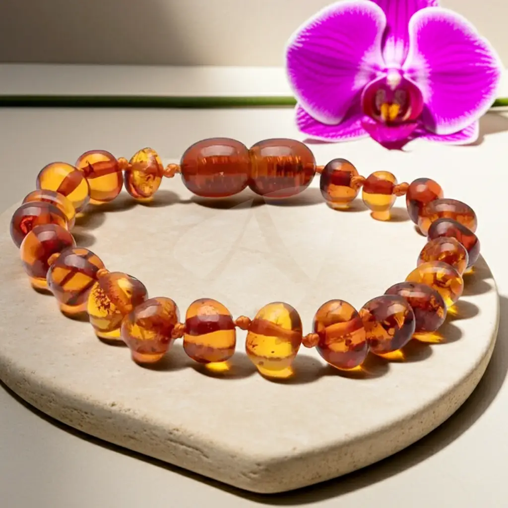 Pulseira de âmbar adulto barroco cognac polido com fecho de rosca