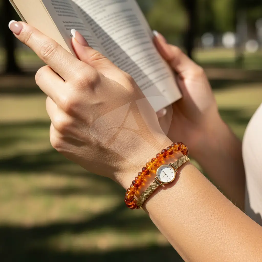 Pulseira de âmbar adulto barroco cognac polido com fecho de rosca