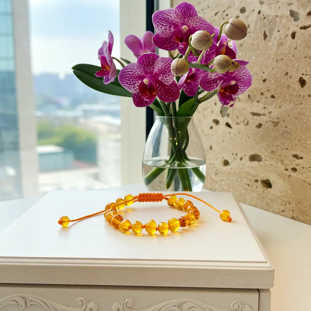 Pulseira shambala de âmbar adulto mel polido ajustável - Âmbar