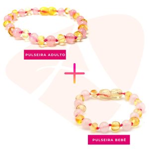 Kit com 2 pulseiras de âmbar para bebê e adulto barroco limão e quartzo rosa polido