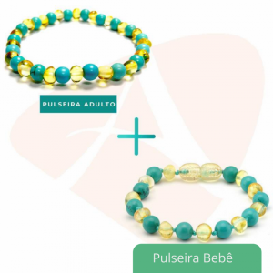Kit com 2 pulseiras de âmbar para bebê e adulto barroco limão e turquesa polido