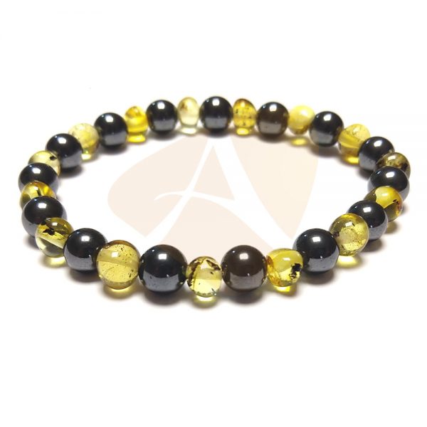 Pulseira de âmbar adulto barroco limão e hematita polido - 18 cm