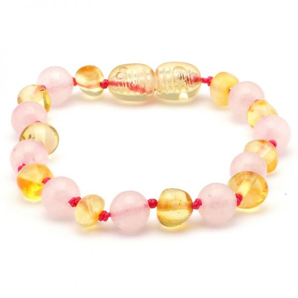 Pulseira / tornozeleira de âmbar bebê premium barroco limão e quartzo rosa polido - 14 cm
