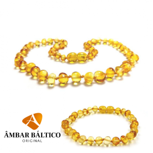 Kit com 1 colar para bebê e 1 pulseira para adulto de âmbar barroco mel polido