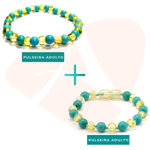 Kit com 2 pulseiras de âmbar para bebê e adulto barroco limão e turquesa polido