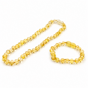 Kit com 1 colar e 1 pulseira de âmbar para bebê barroco limão polido