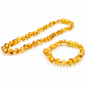 Kit com 1 colar e 1 pulseira de âmbar para bebê barroco mel polido