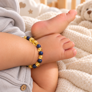 Pulseira / tornozeleira de âmbar bebê premium barroco limão e lápis lazúli polido - 14 cm