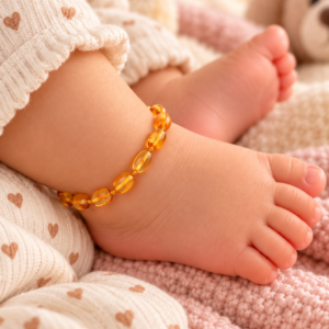 Pulseira / tornozeleira de âmbar bebê olive mel polido - 14 cm