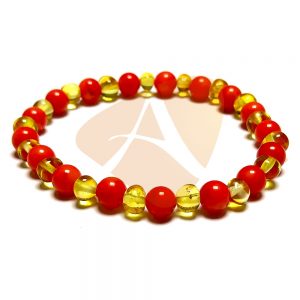 Pulseira de âmbar adulto barroco limão e coral polido - 18 cm