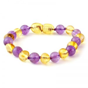 Pulseira / tornozeleira de âmbar bebê premium barroco limão e ametista polido - 14 cm