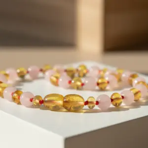 Colar de âmbar adulto barroco limão polido com quartzo rosa