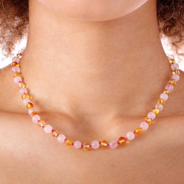 Colar de âmbar adulto barroco limão polido com quartzo rosa - Imagem 2
