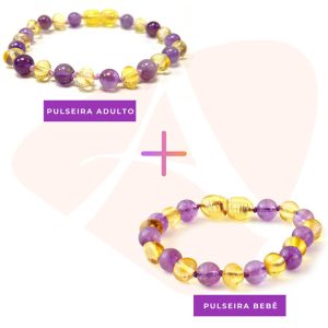 Kit com 2 pulseiras de âmbar para bebê e adulto barroco limão e ametista polido