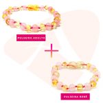 Kit com 2 pulseiras de âmbar para bebê e adulto barroco limão e quartzo rosa polido