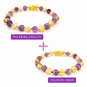 Kit com 2 pulseiras de âmbar para bebê e adulto barroco limão e ametista polido