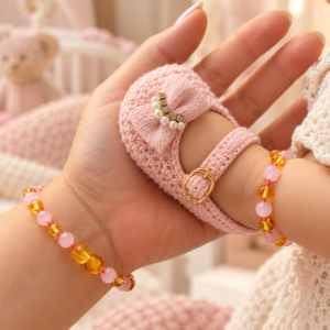 Kit com 2 pulseiras de âmbar para bebê e adulto barroco limão e quartzo rosa polido