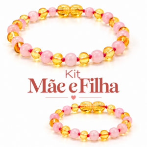 Kit com 2 pulseiras de âmbar para bebê e adulto barroco limão e quartzo rosa polido