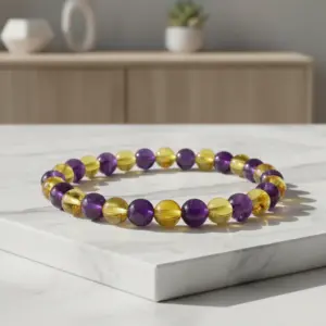 Pulseira de âmbar adulto barroco limão e ametista polido sem fecho - 18 cm