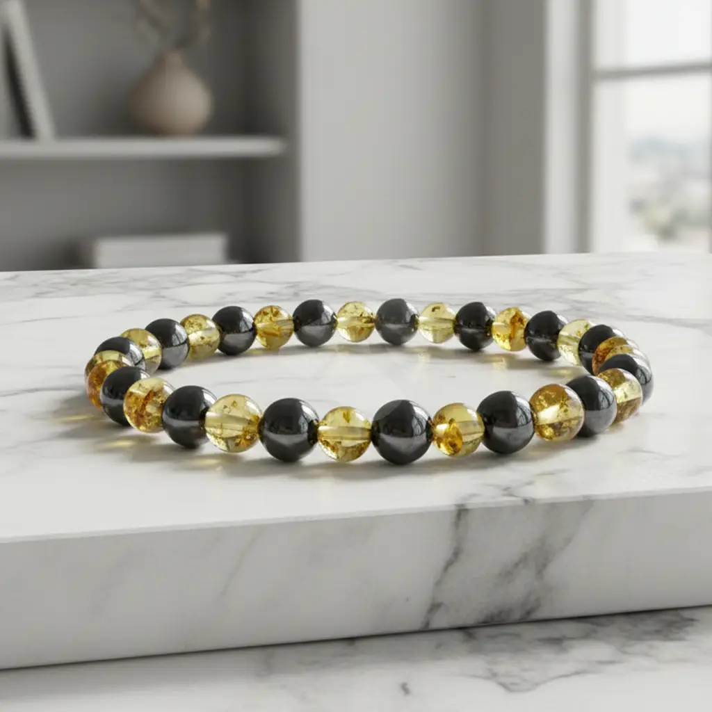 Pulseira de âmbar adulto barroco limão e hematita polido sem fecho - 18 cm - Imagem 3