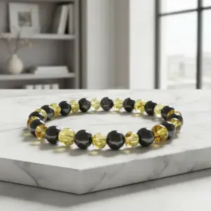 Pulseira de âmbar adulto barroco limão e hematita polido sem fecho – 18 cm