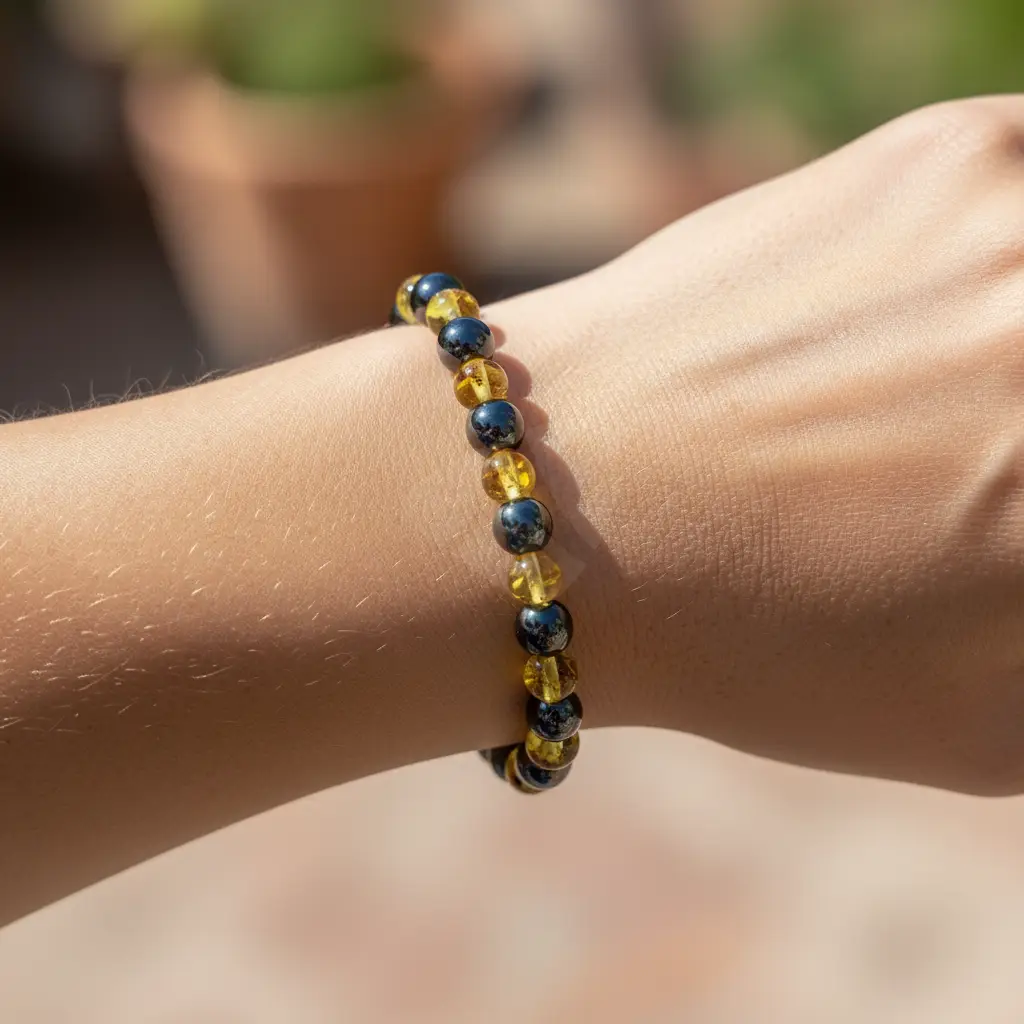 Pulseira de âmbar adulto barroco limão e hematita polido sem fecho - 18 cm - Imagem 2