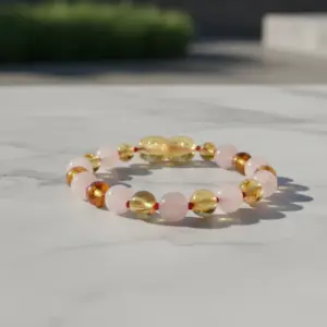 Pulseira de âmbar adulto barroco limão e quartzo rosa polido