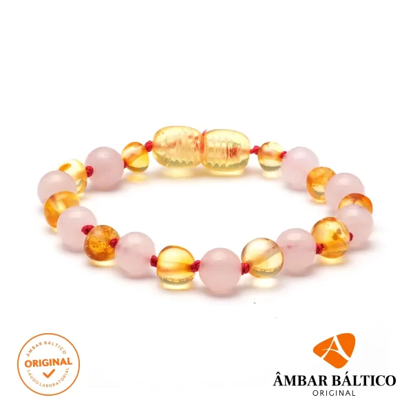 Pulseira / tornozeleira de âmbar bebê premium barroco limão e quartzo rosa polido - 14 cm