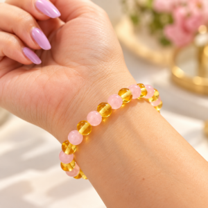 Pulseira de âmbar adulto barroco limão e quartzo rosa polido sem fecho - 18 cm