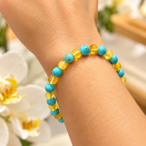 Pulseira de âmbar adulto barroco limão e turquesa polido sem fecho - 18 cm