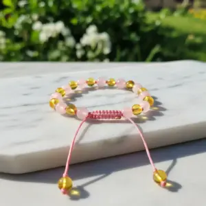 Pulseira shambala de âmbar adulto limão polido e quartzo rosa polido ajustável