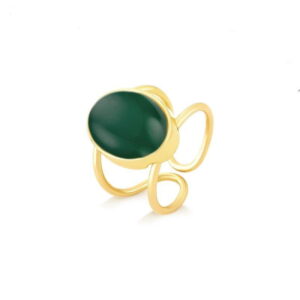 Anel Regulável Folheado a Ouro com Ágata Verde Oval - anel com ágata verde