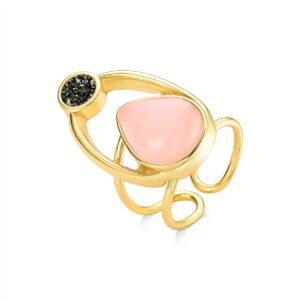Anel Regulável Folheado a Ouro com Quartzo Rosa e Pirita - anel com quartzo rosa e pirita