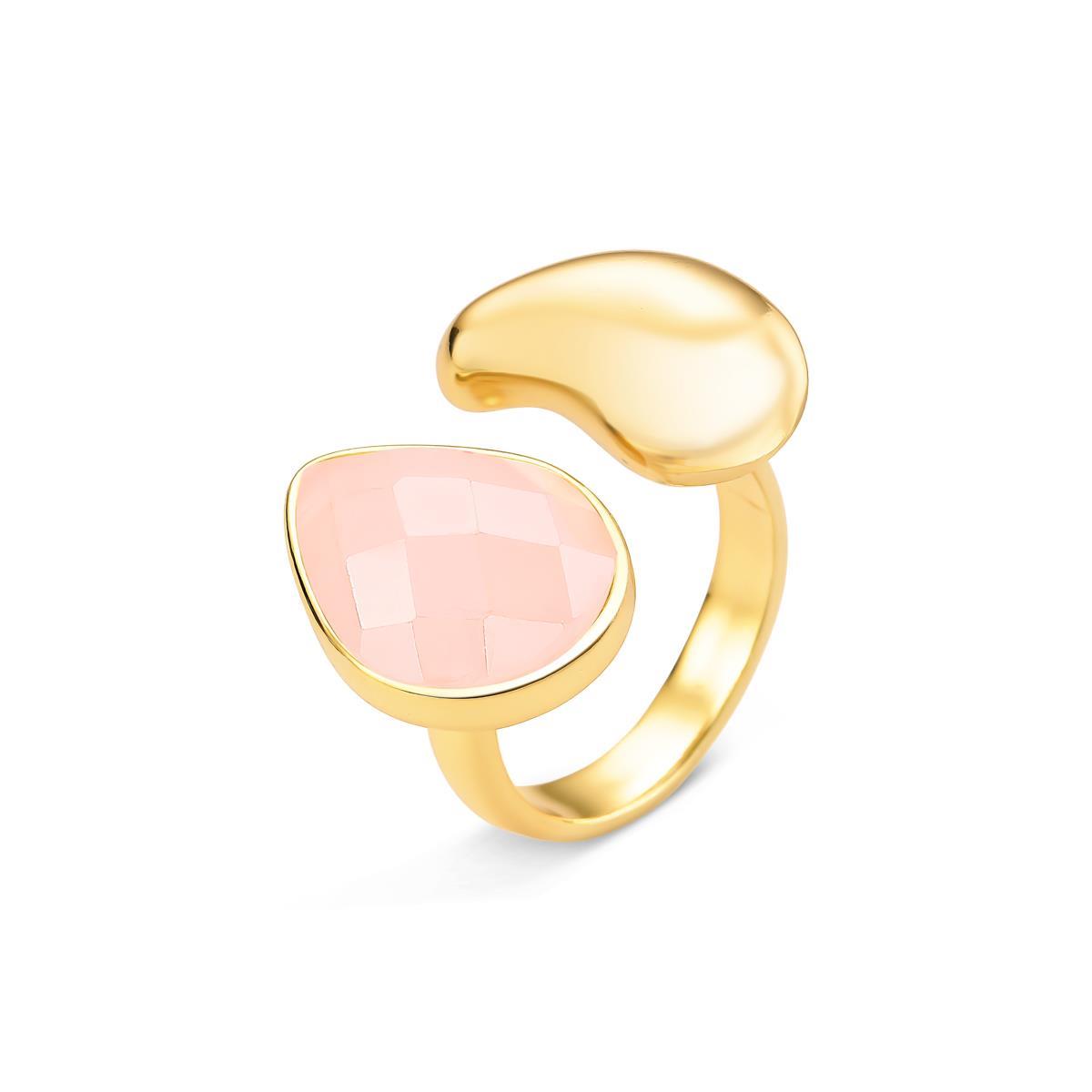 Anel Regulável Gota Folheado a Ouro com Quartzo Rosa Perolado - anel com quartzo rosa perolado