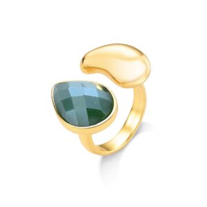 Anel Regulável Gota Folheado a Ouro com Quartzo Verde Perolado - anel com quartzo verde perolado