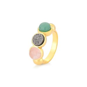 Anel Drusa Folheado a Ouro com Quartzo Rosa, Titânio e Quartzo Verde - anel com quartzo rosa, titânio e quartzo verde