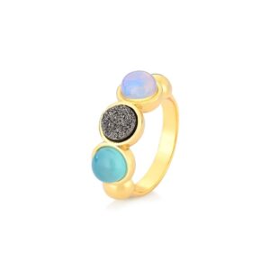 Anel Drusa Folheado a Ouro com Pedra da Lua, Titânio e Ágata Azul Céu - anel com pedra da lua, titânio e ágata azul céu