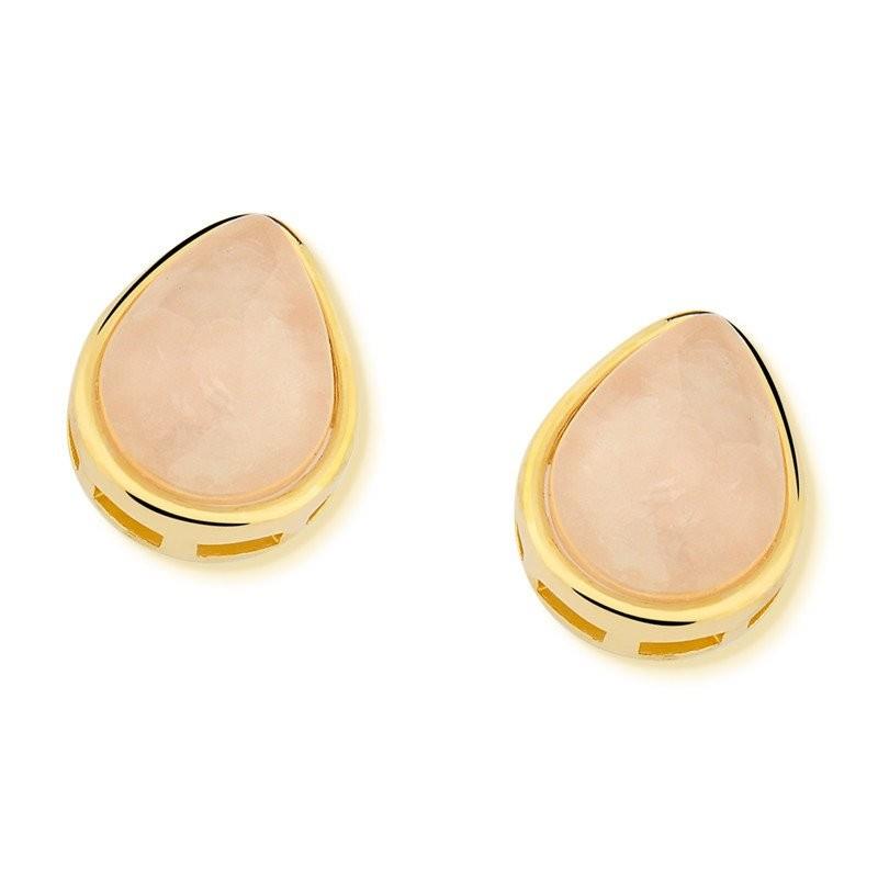 Brinco Gota Grande Folheado a Ouro com Quartzo Rosa - brinco de quartzo rosa em gota