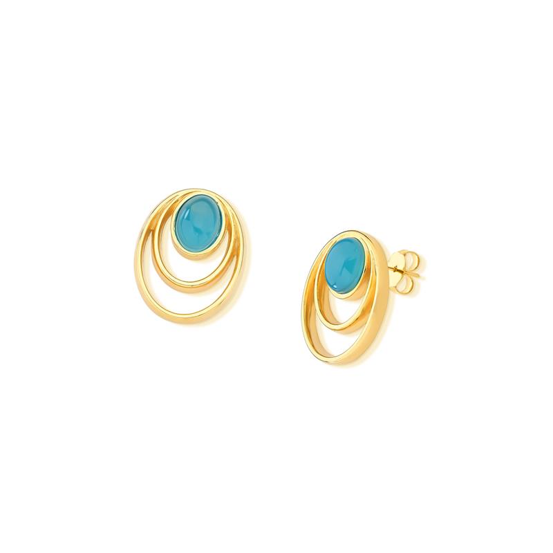 Brinco Aros Folheado a Ouro com Ágata Azul Céu - brinco de ágata azul céu