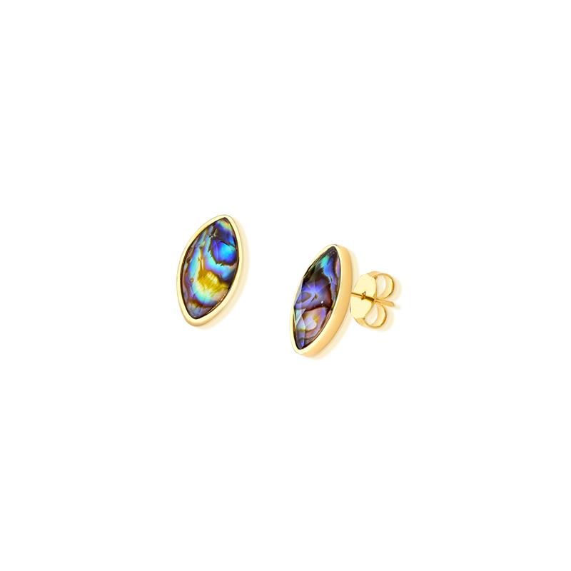 Brinco Navete Facetado Folheado a Ouro com Concha Abalone - brinco com concha abalone