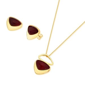 Conjunto Clássico Folheado a Ouro com Cornalina Stiletto - brincos e colar com cornalina