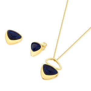 Conjunto Clássico Folheado a Ouro com Sodalita Stiletto - brincos e colar com sodalita