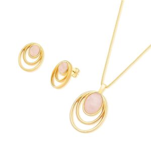 Conjunto Aros Folheado a Ouro com Quartzo Rosa - conjunto com quartzo rosa
