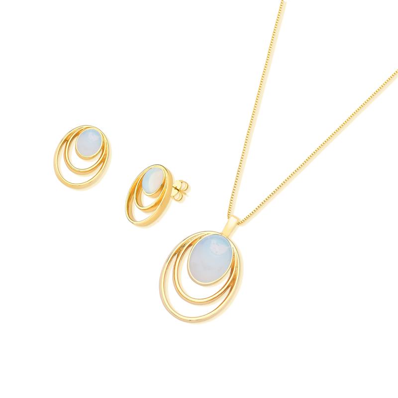 Conjunto Aros Folheado a Ouro com Opalina - conjunto com opalina